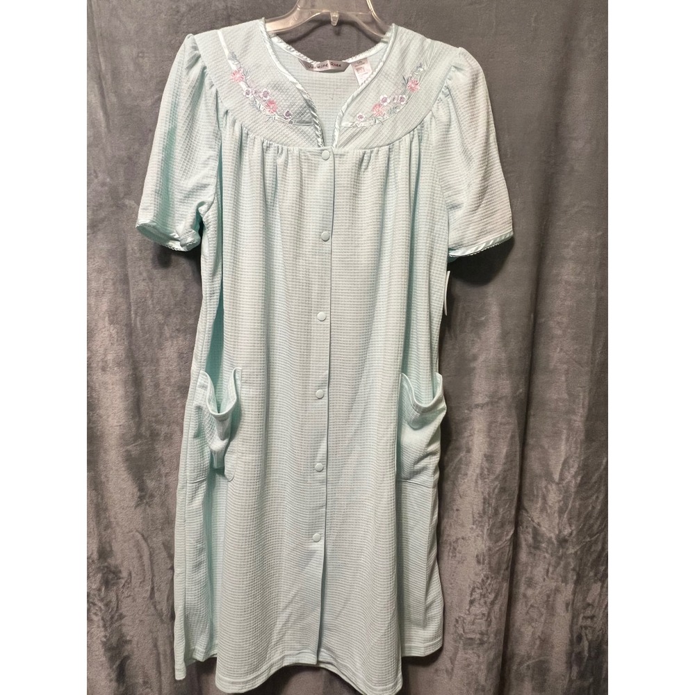 Jasmine Rose L Blue Embroidered Snap Front Housecoat Duster Robe Pockets NWT